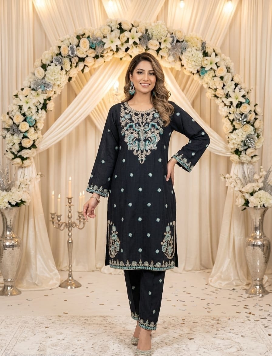 Black Embroidered 2 pcs Dress