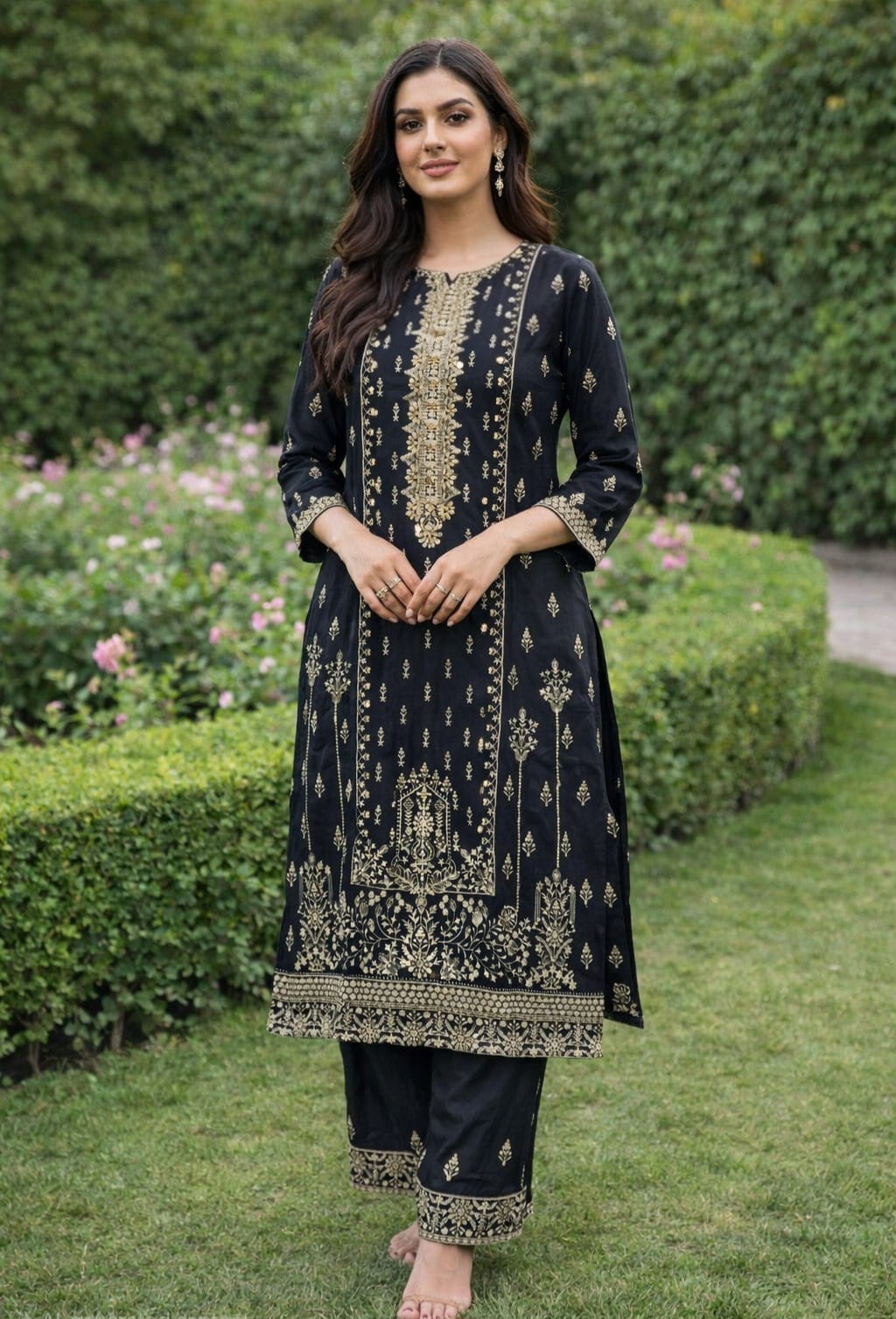 Black Embroidered Shirt Trouser 3 pcs Dress - Image 2