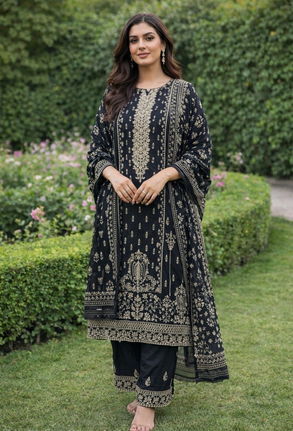 Black Embroidered Shirt Trouser 3 pcs Dress