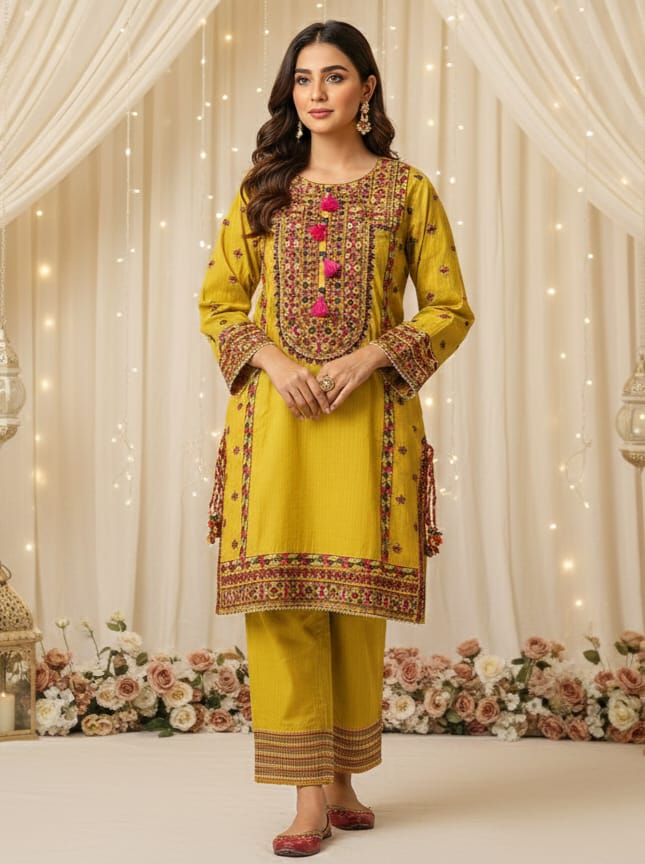 Mustard Embroidered 3 pcs Dress - Image 3