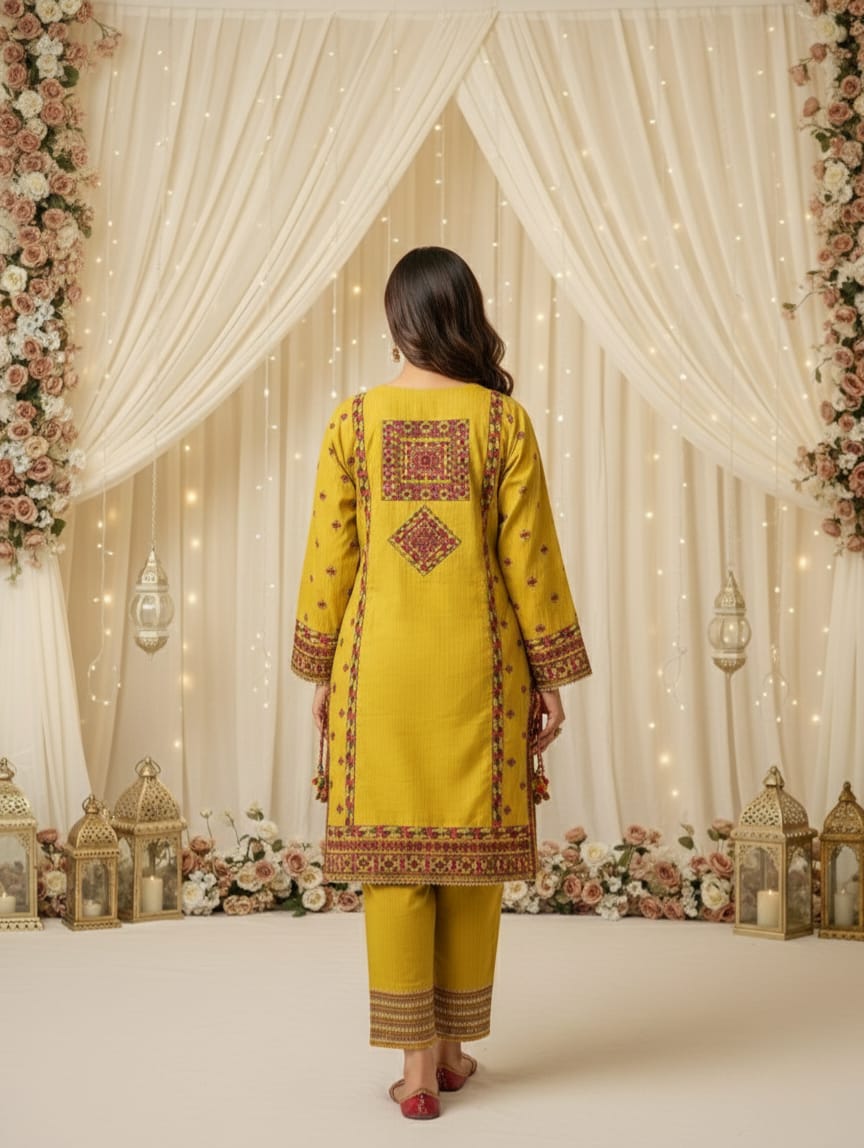 Mustard Embroidered 3 pcs Dress - Image 2