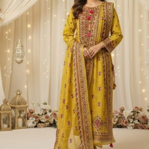 Mustard Embroidered 3 pcs Dress