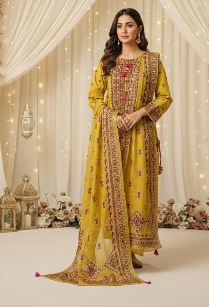 Mustard Embroidered 3 pcs Dress