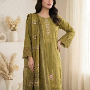 Olive Green Embroidered 3 pcs Dress