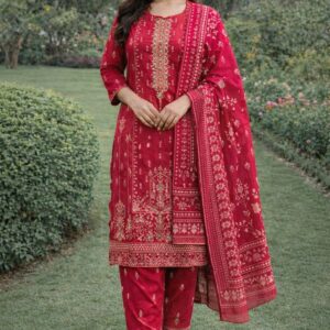 Shocking Pink Embroidered 3 pcs Dress