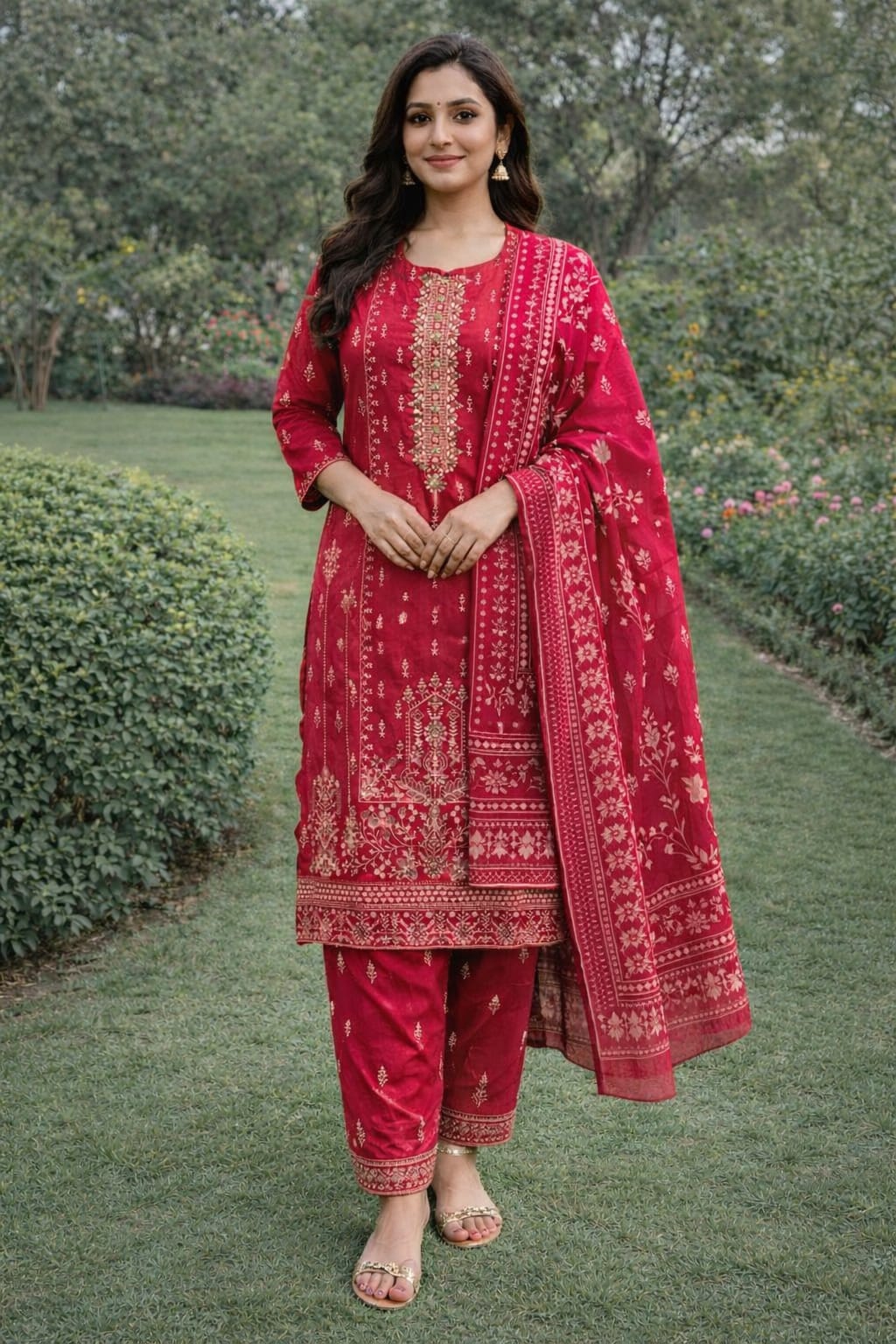 Shocking Pink Embroidered 3 pcs Dress