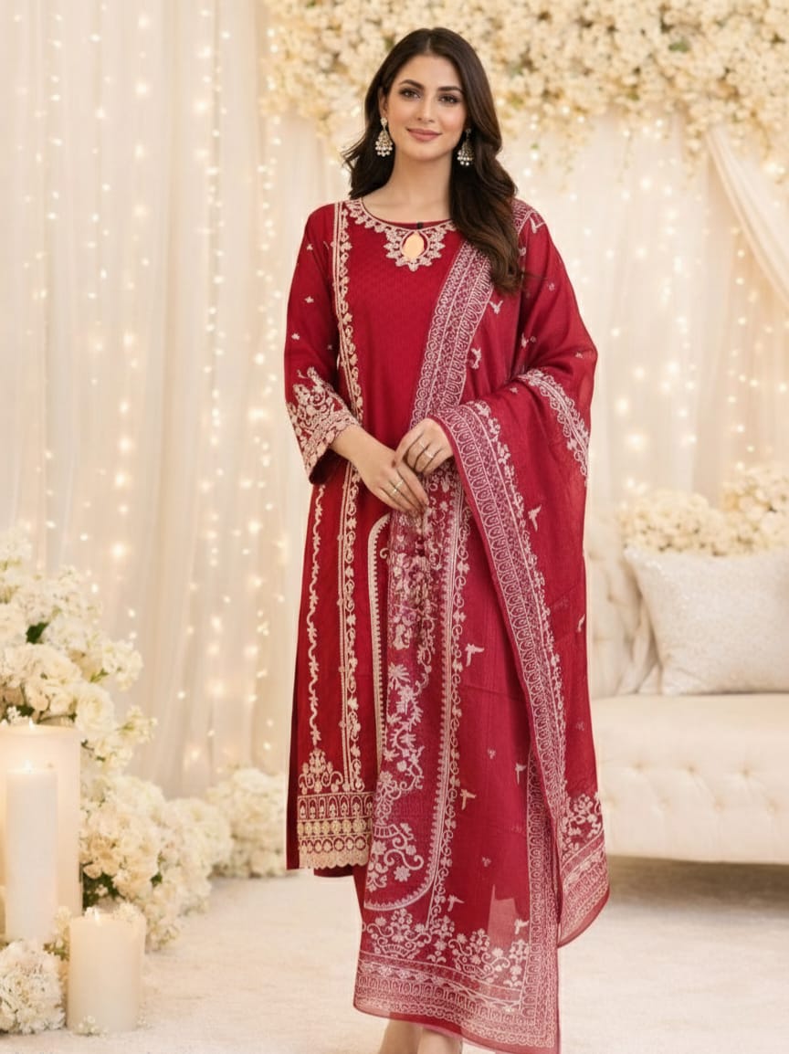 Shocking Pink Handwork 3 pcs Dress